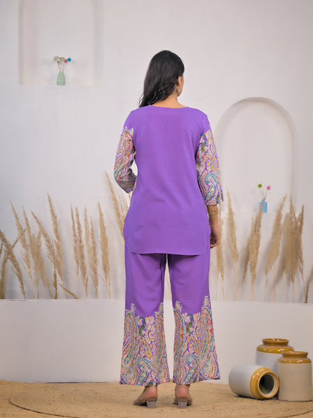 Violet Printed Rayon Kurti & Pant Co-ord Set Back