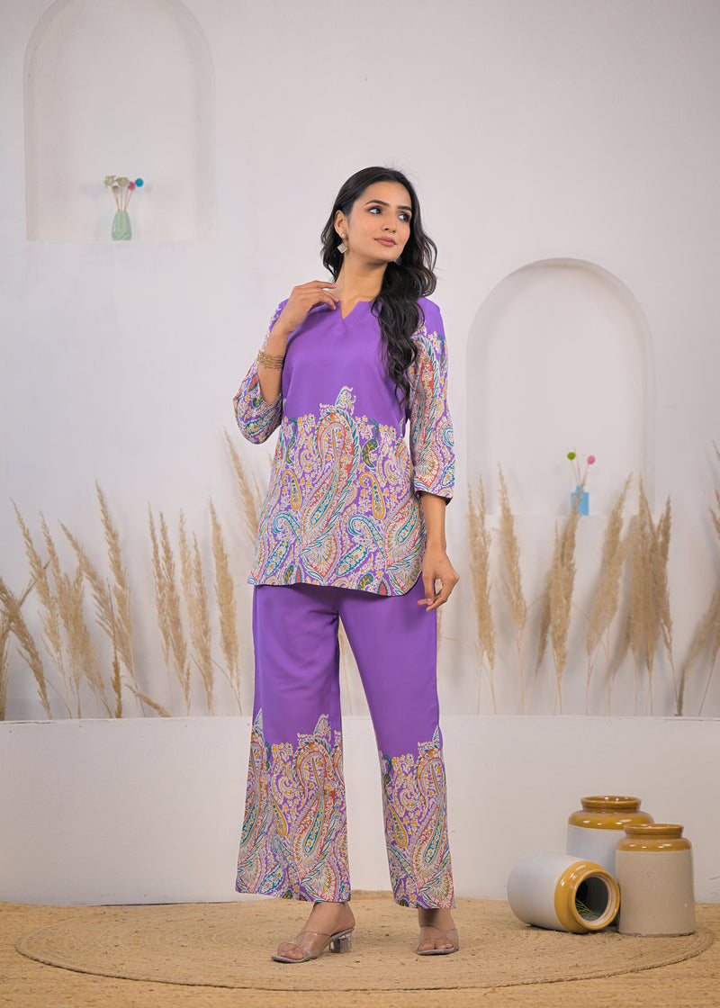 Violet Printed Rayon Kurti & Pant Co-ord Set Front