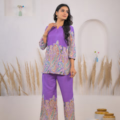 Violet Printed Rayon Kurti & Pant Co-ord Set Front