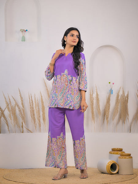 Violet Printed Rayon Kurti & Pant Co-ord Set Front