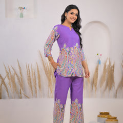 Violet Printed Rayon Kurti & Pant Co-ord Set Side