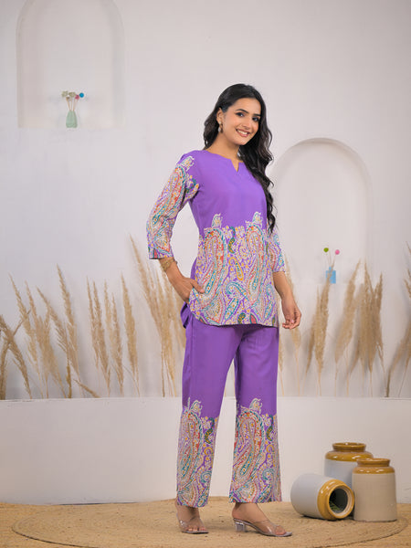 Violet Printed Rayon Kurti & Pant Co-ord Set Side