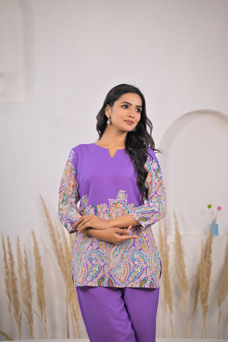 Violet Printed Rayon Kurti & Pant Co-ord Set Zoomed
