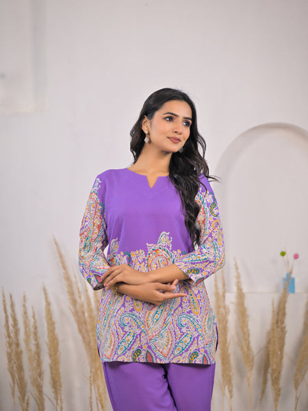 Violet Printed Rayon Kurti & Pant Co-ord Set Zoomed