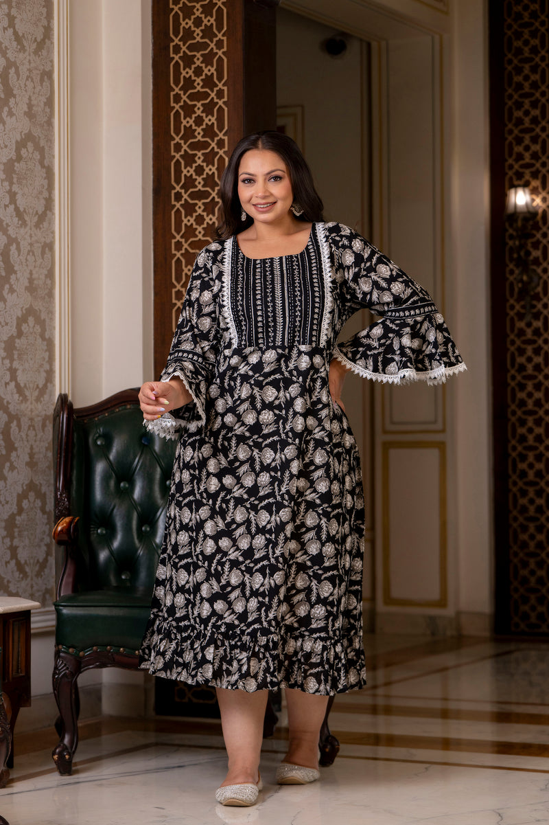 Cotton Printed Calf-Length Dress with Three Quarter Sleeves (Plus Size)
