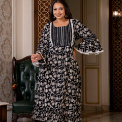 Cotton Printed Calf-Length Dress with Three Quarter Sleeves (Plus Size)
