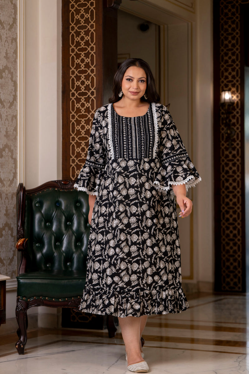 Cotton Printed Calf-Length Dress with Three Quarter Sleeves (Plus Size)