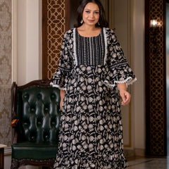 Cotton Printed Calf-Length Dress with Three Quarter Sleeves (Plus Size)