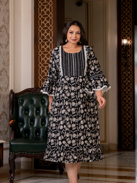 Cotton Printed Calf-Length Dress with Three Quarter Sleeves (Plus Size)