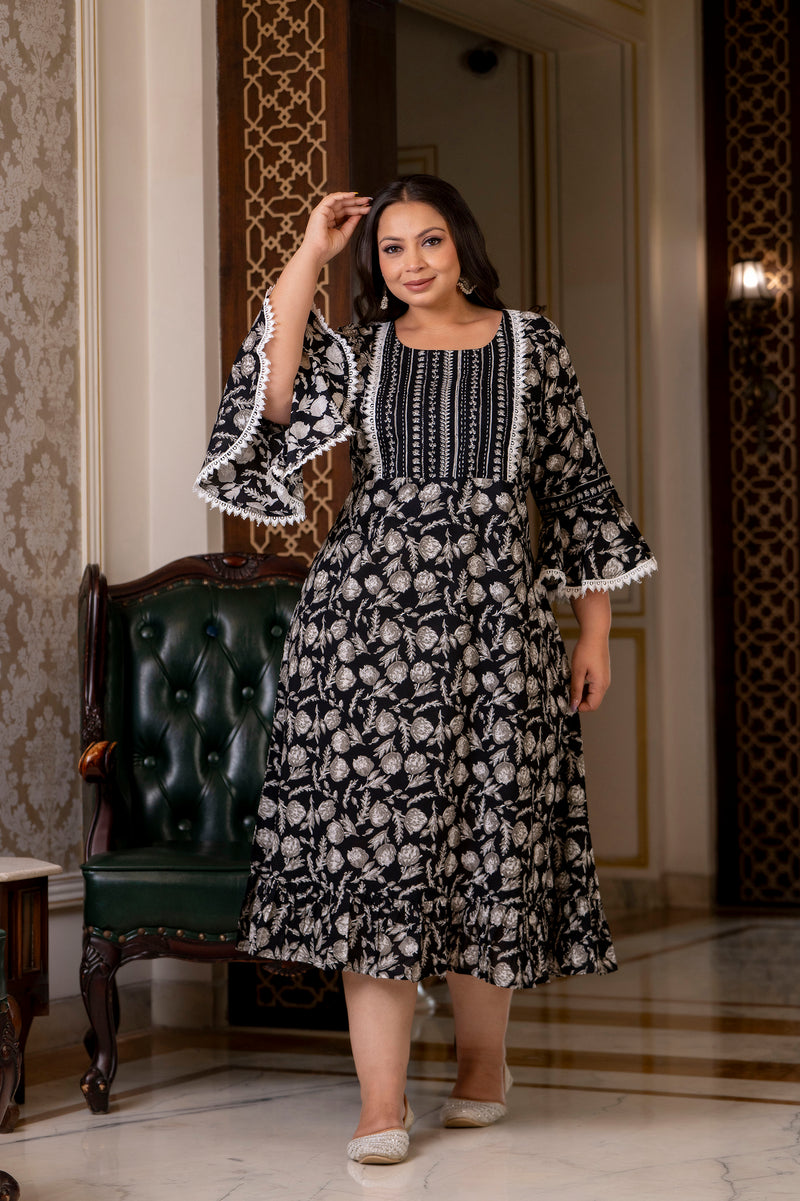 Cotton Printed Calf-Length Dress with Three Quarter Sleeves (Plus Size)