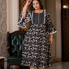 Cotton Printed Calf-Length Dress with Three Quarter Sleeves (Plus Size)