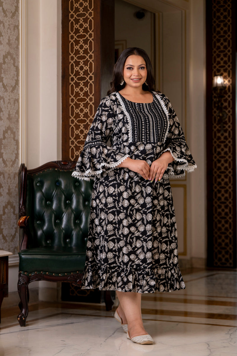 Cotton Printed Calf-Length Dress with Three Quarter Sleeves (Plus Size)