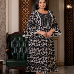 Cotton Printed Calf-Length Dress with Three Quarter Sleeves (Plus Size)