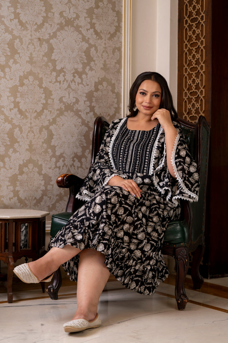 Cotton Printed Calf-Length Dress with Three Quarter Sleeves (Plus Size)