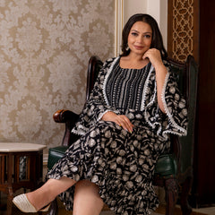 Cotton Printed Calf-Length Dress with Three Quarter Sleeves (Plus Size)