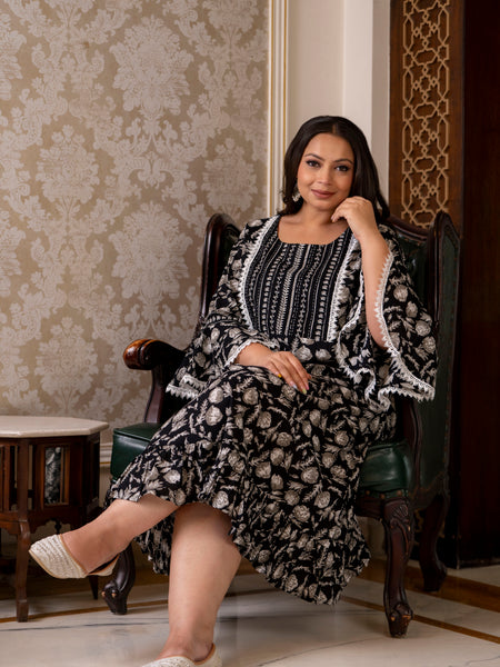 Cotton Printed Calf-Length Dress with Three Quarter Sleeves (Plus Size)