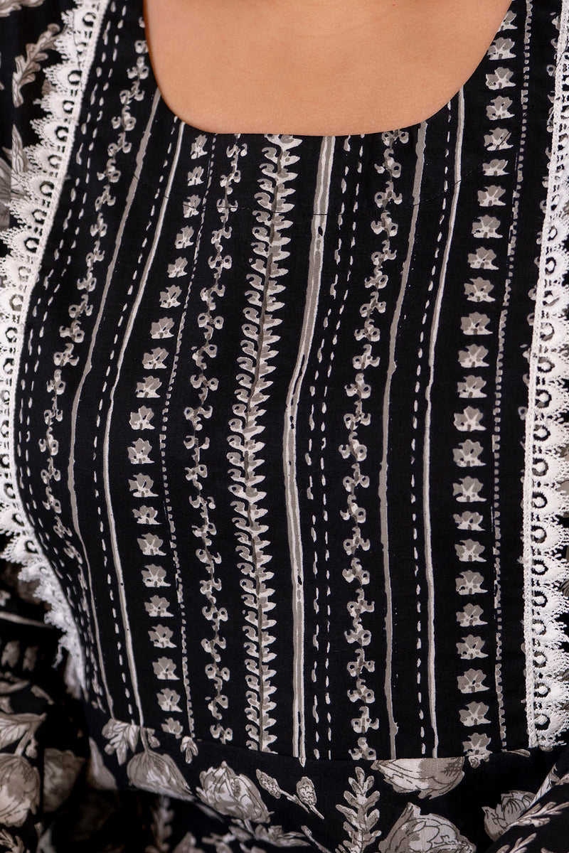 Cotton Printed Calf-Length Dress with Three Quarter Sleeves (Plus Size)