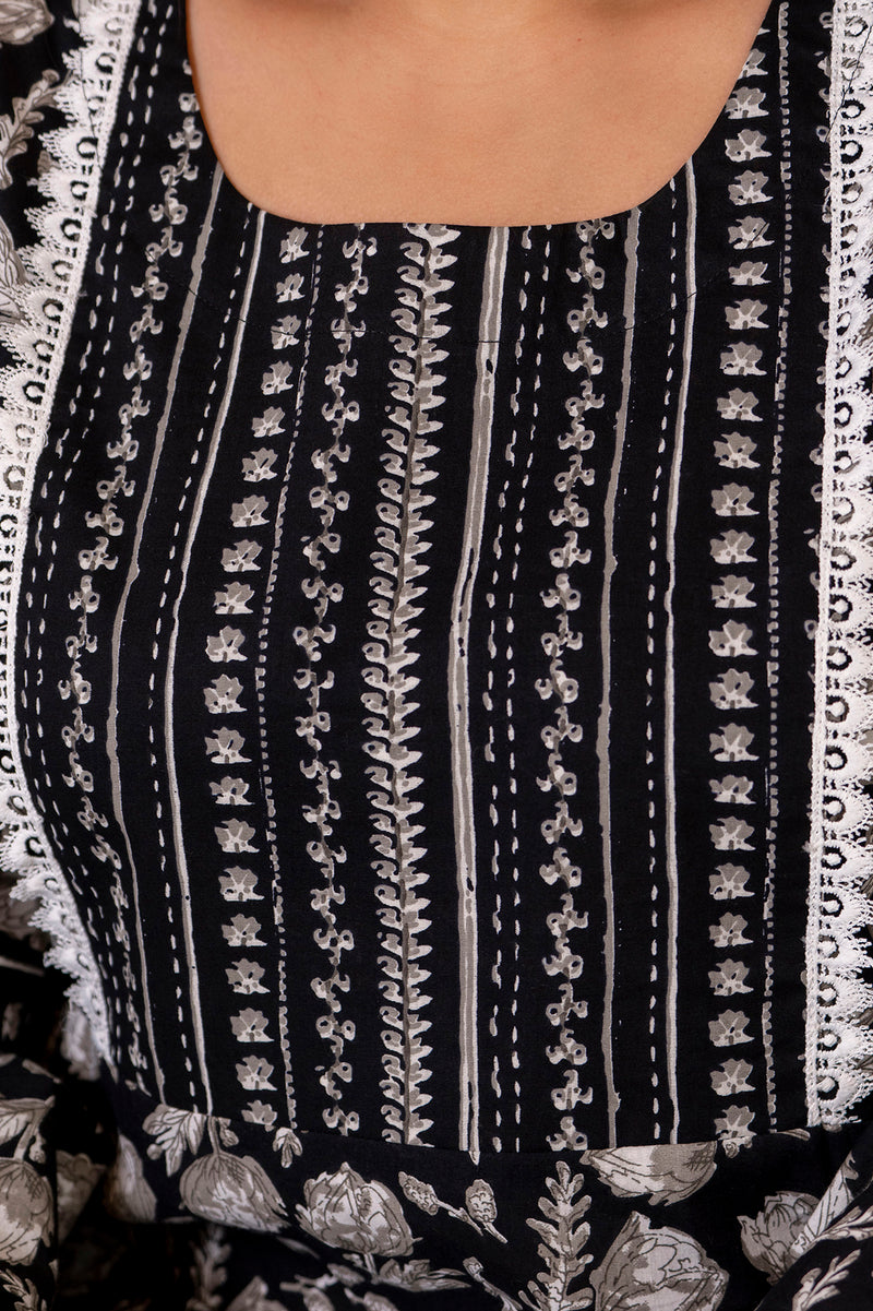 Cotton Printed Calf-Length Dress with Three Quarter Sleeves (Plus Size)