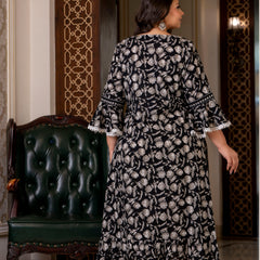 Cotton Printed Calf-Length Dress with Three Quarter Sleeves (Plus Size)