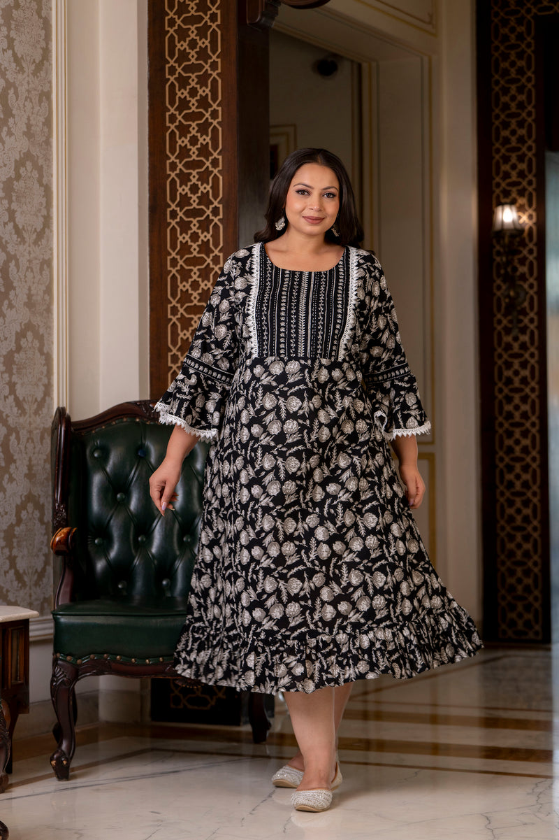 Cotton Printed Calf-Length Dress with Three Quarter Sleeves (Plus Size)