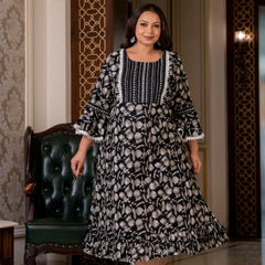 Cotton Printed Calf-Length Dress with Three Quarter Sleeves (Plus Size)