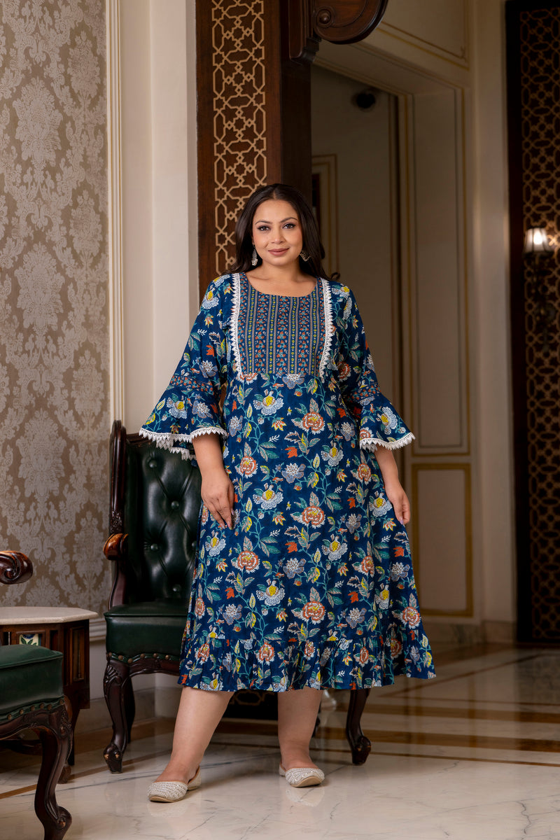 Cotton Printed Calf-Length Dress with Three Quarter Sleeves (Plus Size)