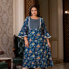 Cotton Printed Calf-Length Dress with Three Quarter Sleeves (Plus Size)