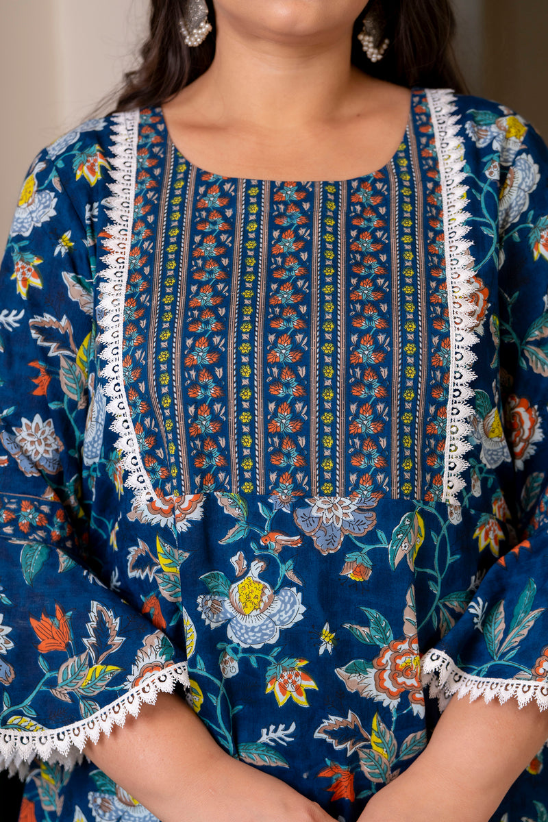 Cotton Printed Calf-Length Dress with Three Quarter Sleeves (Plus Size)
