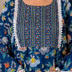 Cotton Printed Calf-Length Dress with Three Quarter Sleeves (Plus Size)