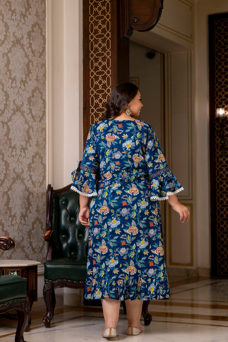 Cotton Printed Calf-Length Dress with Three Quarter Sleeves (Plus Size)