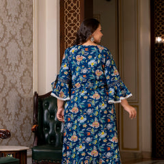 Cotton Printed Calf-Length Dress with Three Quarter Sleeves (Plus Size)
