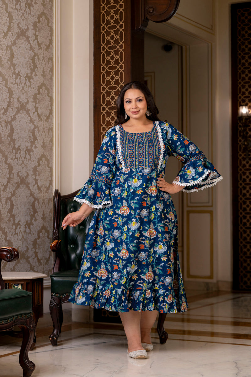 Cotton Printed Calf-Length Dress with Three Quarter Sleeves (Plus Size)