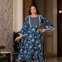 Cotton Printed Calf-Length Dress with Three Quarter Sleeves (Plus Size)