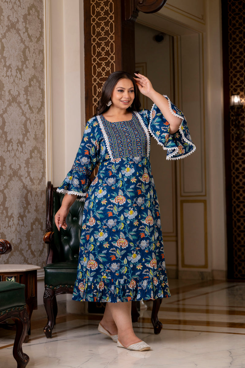 Cotton Printed Calf-Length Dress with Three Quarter Sleeves (Plus Size)