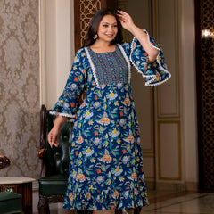 Cotton Printed Calf-Length Dress with Three Quarter Sleeves (Plus Size)