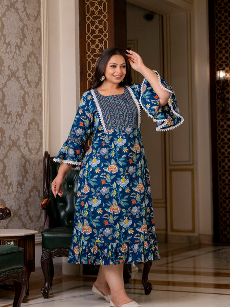 Cotton Printed Calf-Length Dress with Three Quarter Sleeves (Plus Size)
