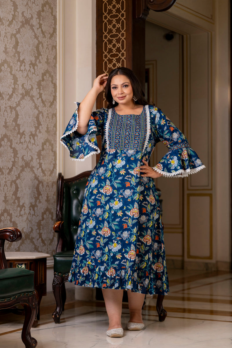 Cotton Printed Calf-Length Dress with Three Quarter Sleeves (Plus Size)