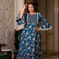Cotton Printed Calf-Length Dress with Three Quarter Sleeves (Plus Size)