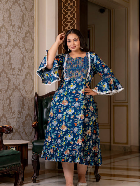 Cotton Printed Calf-Length Dress with Three Quarter Sleeves (Plus Size)