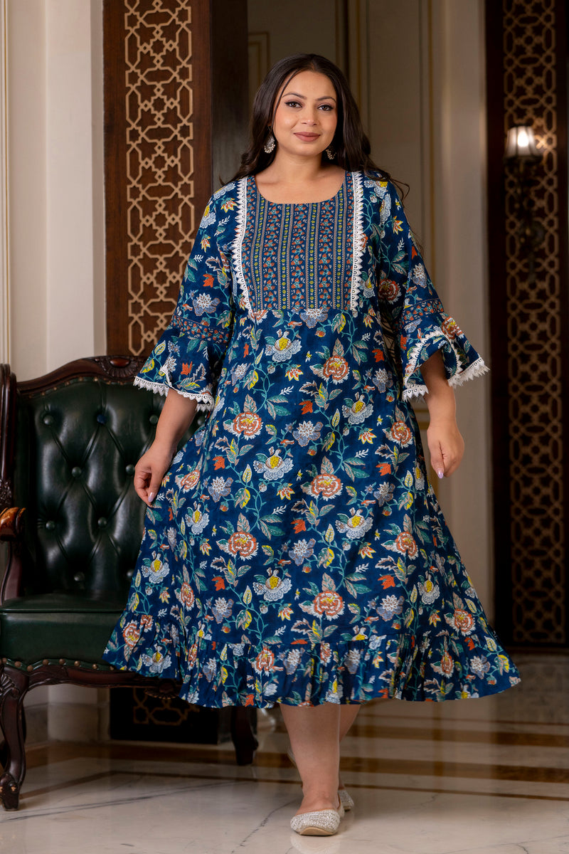 Cotton Printed Calf-Length Dress with Three Quarter Sleeves (Plus Size)