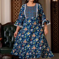 Cotton Printed Calf-Length Dress with Three Quarter Sleeves (Plus Size)