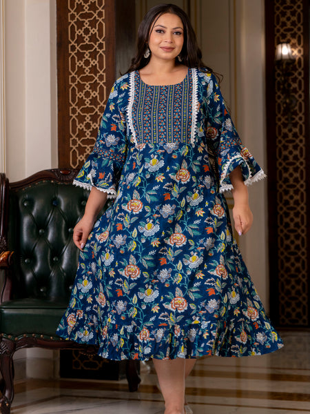 Cotton Printed Calf-Length Dress with Three Quarter Sleeves (Plus Size)