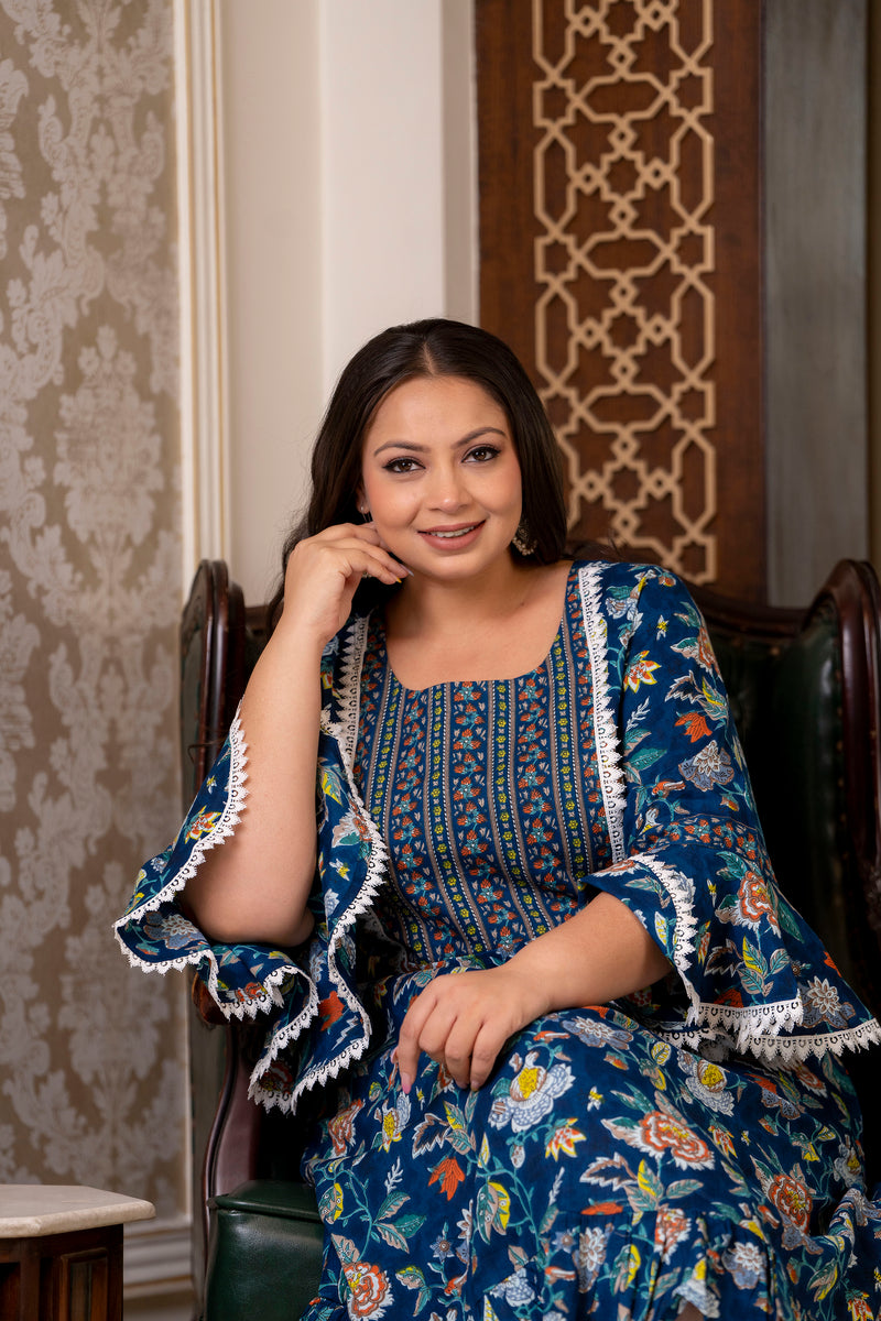 Cotton Printed Calf-Length Dress with Three Quarter Sleeves (Plus Size)