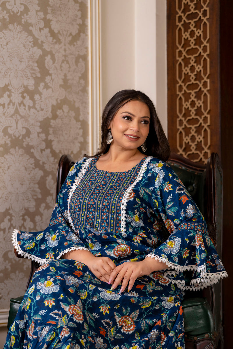 Cotton Printed Calf-Length Dress with Three Quarter Sleeves (Plus Size)