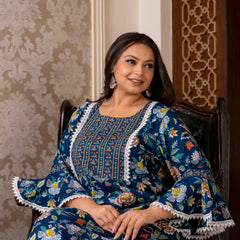 Cotton Printed Calf-Length Dress with Three Quarter Sleeves (Plus Size)