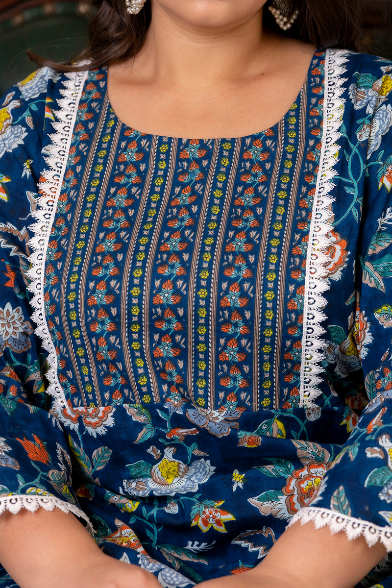 Cotton Printed Calf-Length Dress with Three Quarter Sleeves (Plus Size)