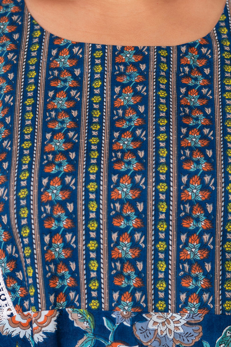 Cotton Printed Calf-Length Dress with Three Quarter Sleeves (Plus Size)