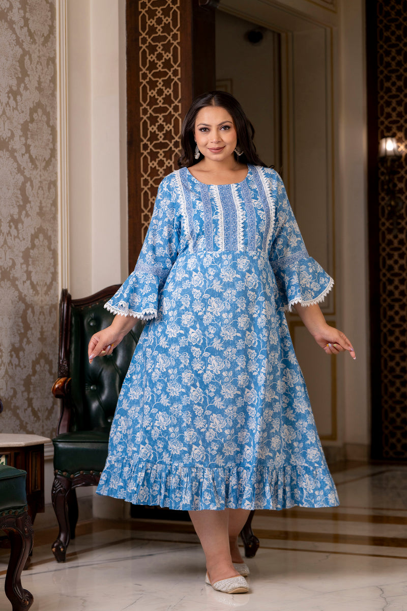 Cotton Printed Calf-Length Dress with Three Quarter Sleeves (Plus Size)