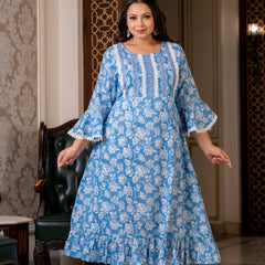 Cotton Printed Calf-Length Dress with Three Quarter Sleeves (Plus Size)