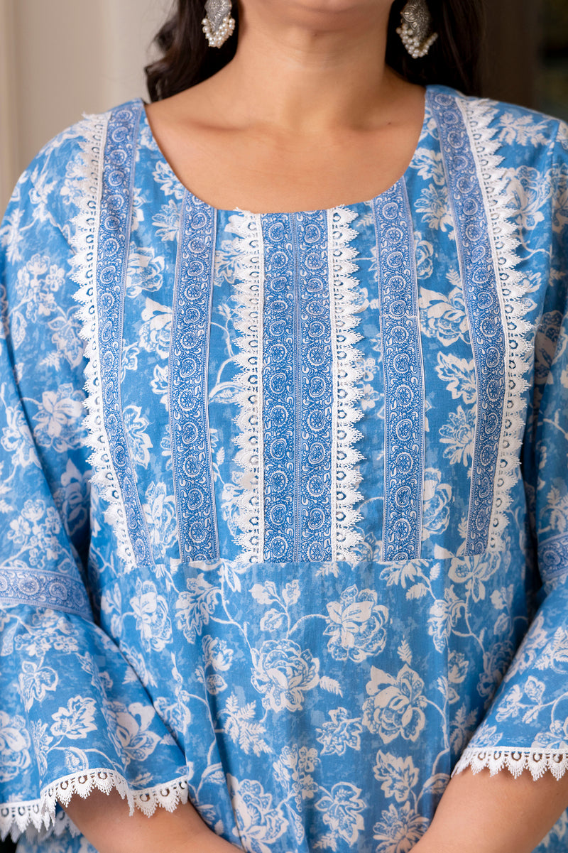 Cotton Printed Calf-Length Dress with Three Quarter Sleeves (Plus Size)
